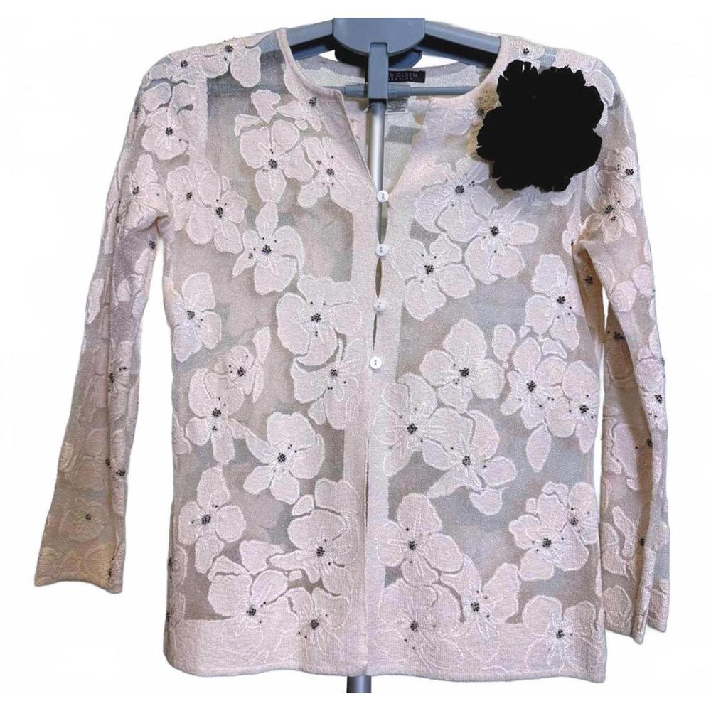 SIGRED OLSEN CARDIGAN SWEATER S SHEER FLORAL NUDE PINK & BLACK BEAD & PIN NWOT